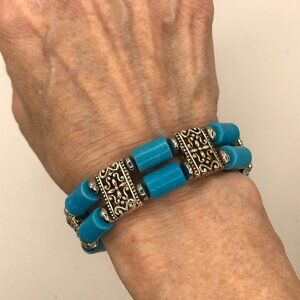 Turquoise 2 strand Bracelet with Tibetan Links, Hematite spacers + strong clasps